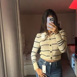 FRAME Striped Cream and Black Women's Sweater
